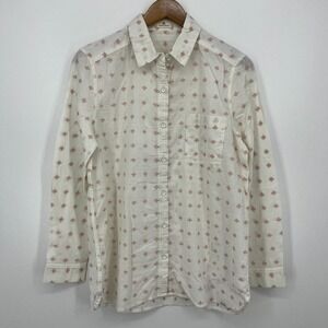 Johnny Cotton Long Sleeve Button Shirt Women's L White Embroidered Geometric